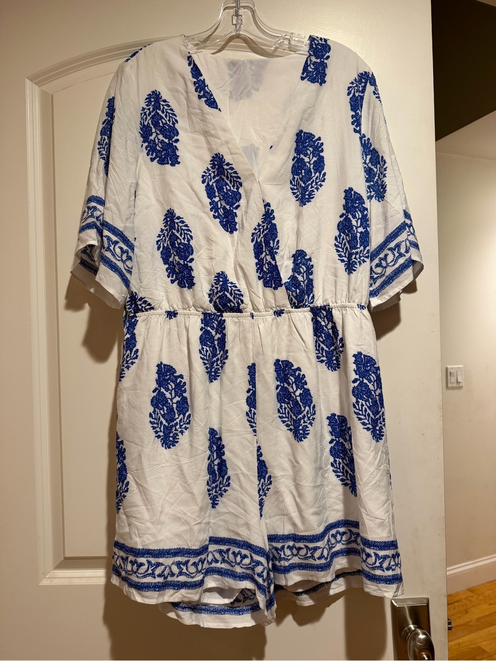 White and Blue Printed V-Neck Romper